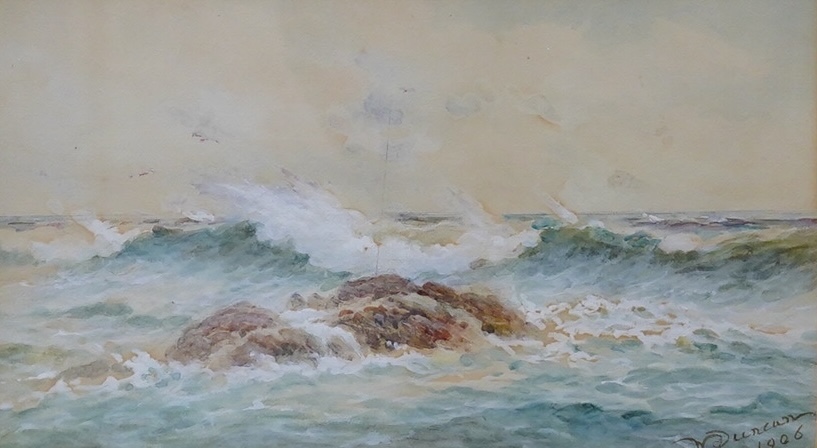 Walter Duncan (1848-1932), heightened watercolour, Coastal scene, signed and dated 1906, 20 x 33cm. Condition - fair